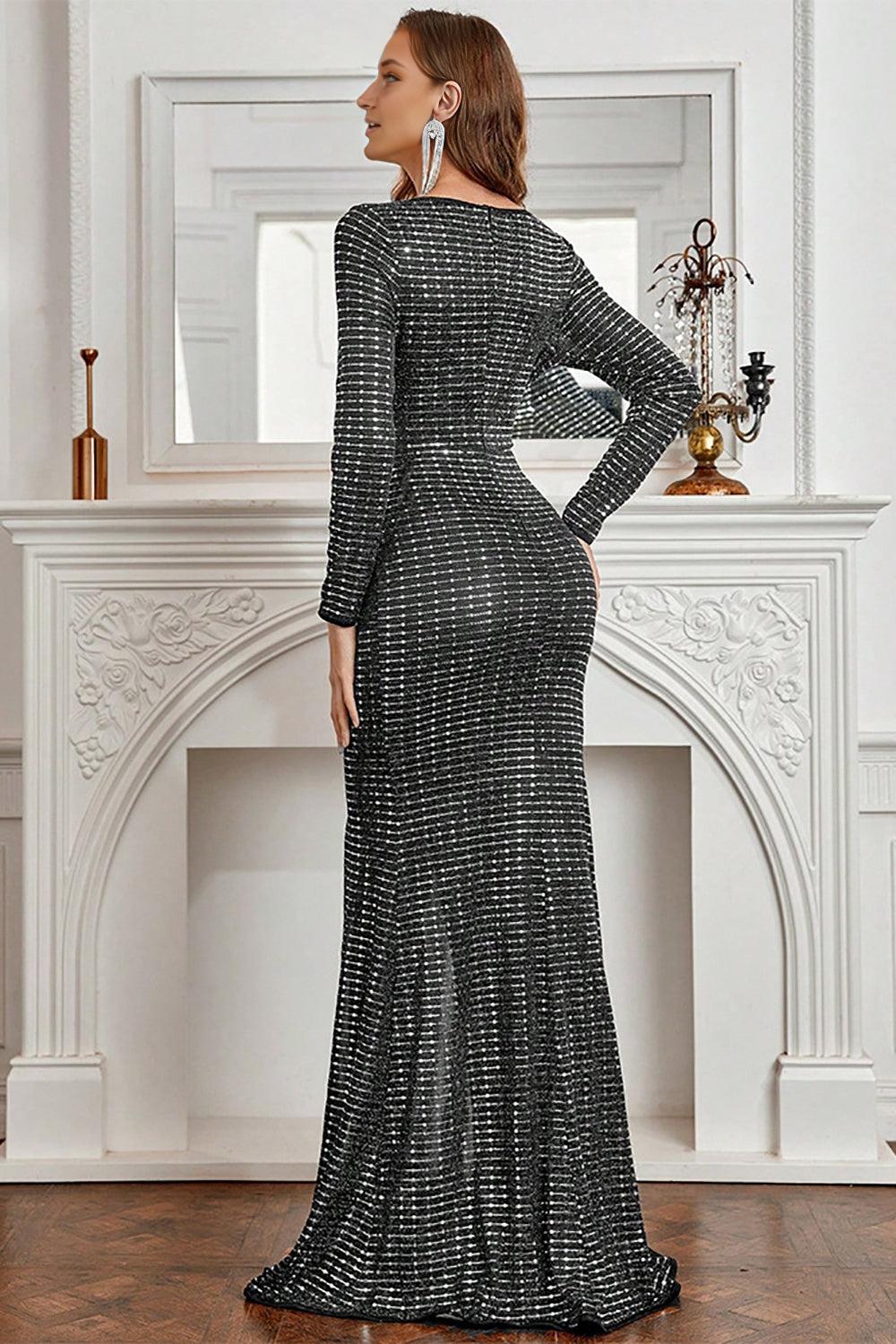 Black Mermaid Long Sleeves Sparkly Mother of the Bride Dress with Slit