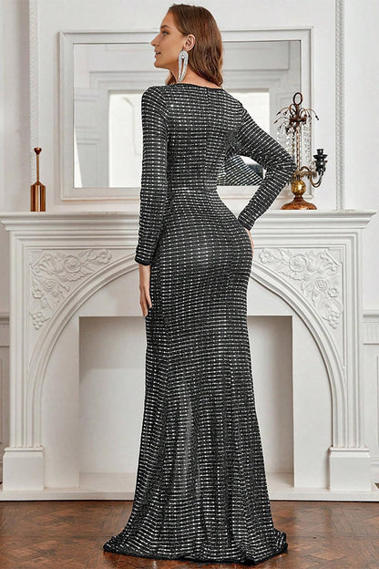 Black Mermaid Long Sleeves Sparkly Mother of the Bride Dress with Slit