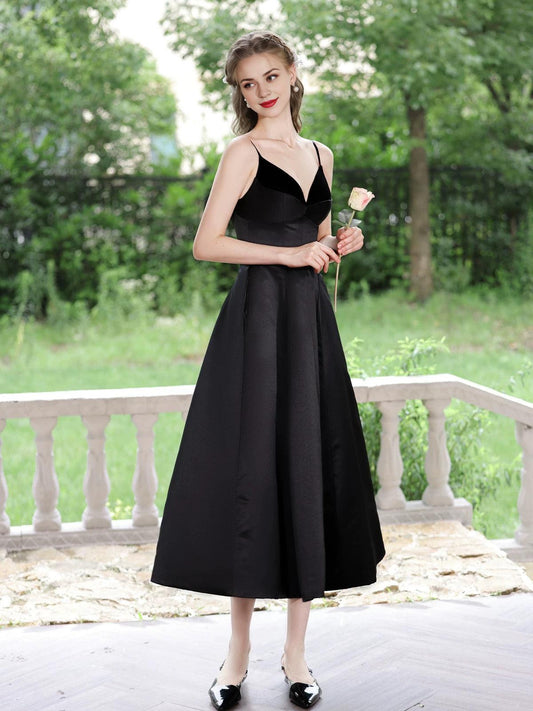 A-Line V Neck Tea Length Satin Black Prom Dress Black Prom Dress