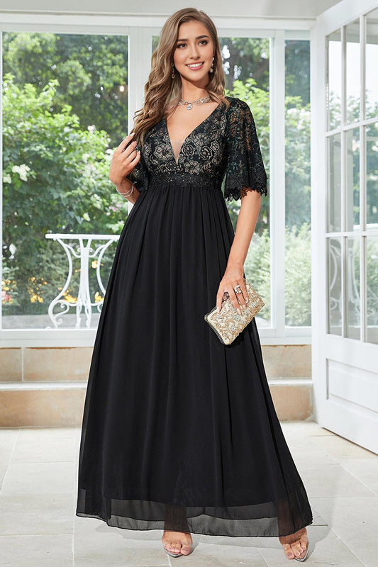 Black A Line V Neck Floor Length Chiffon Embroidered Mother of the Bride Dress