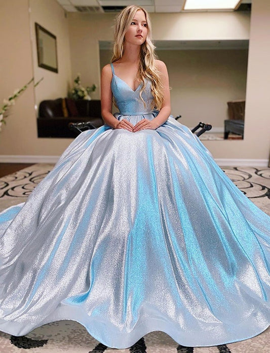 Blue elegant and beautiful A-line V-neck suspender ball dress satin evening dress