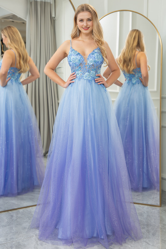 A Line Tulle Spaghetti Straps Long Prom Dress With