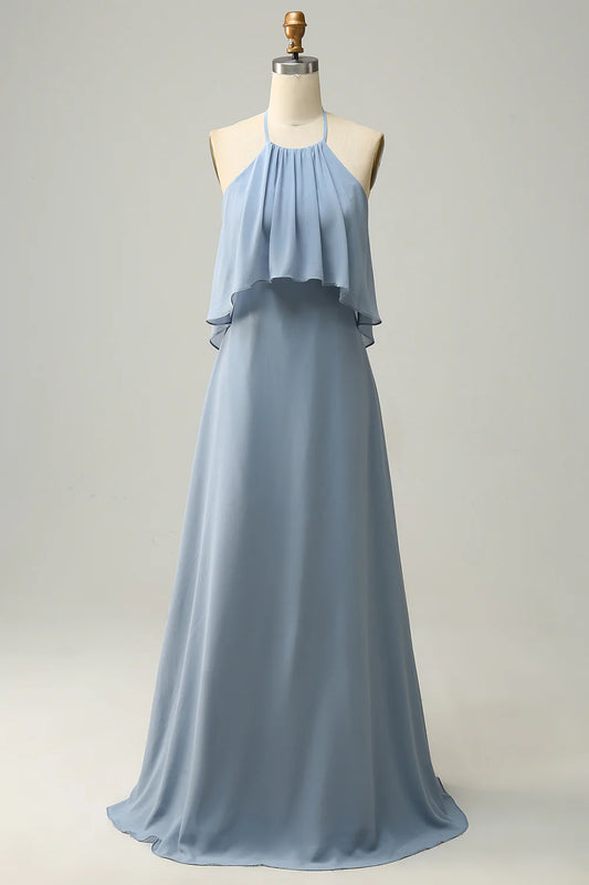 A Line Halter Chiffon Bridesmaid Dress with Ruffles