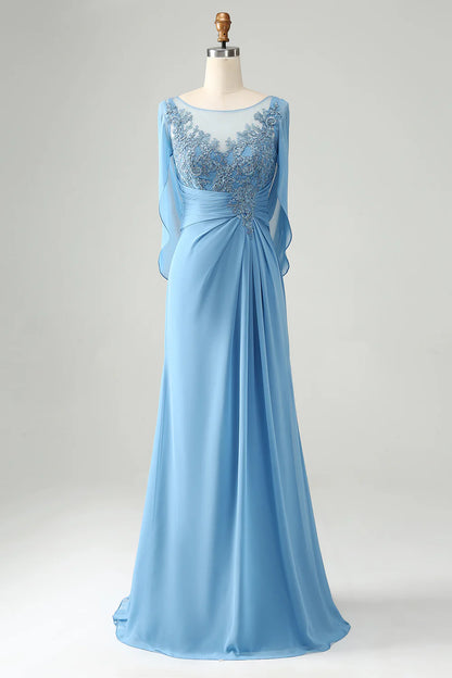 Blue Mermaid Beaded Cap Sleeves Mother of the Bride Dress
