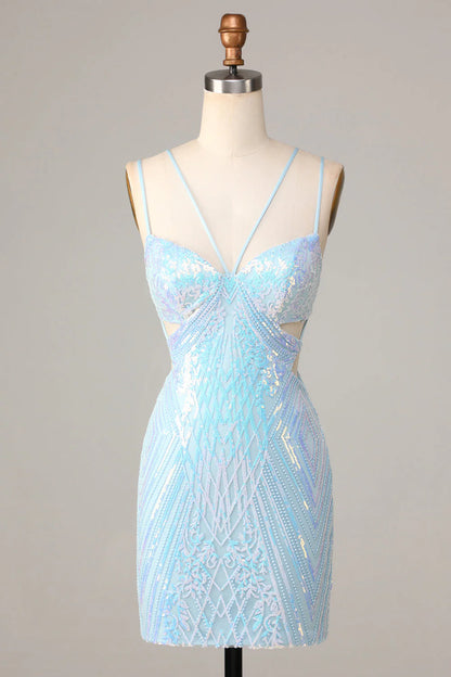 Blue Bodycon Cut-Out Sequins Short Homecoming Dress