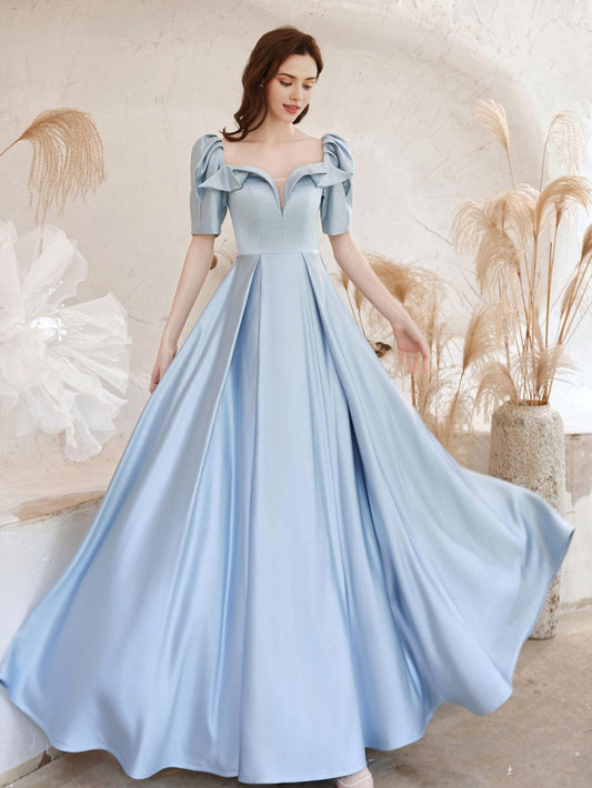 A-Line Square Neckline Satin Blue Long Prom Dress Blue Formal Prom Dress