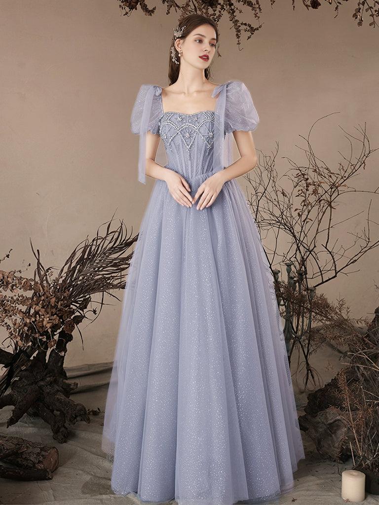 A-Line Sweetheart Neck Tulle Beads Blue Long Prom Dress Blue Long Prom Dress