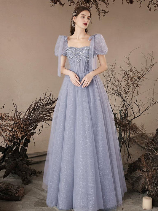 A-Line Sweetheart Neck Tulle Beads Blue Long Prom Dress Blue Long Prom Dress