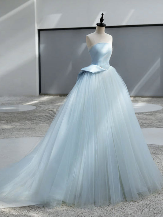 A-Line Satin Tulle Blue Long Prom Dress Blue Long Prom Dress