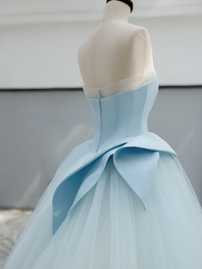 A-Line Satin Tulle Blue Long Prom Dress Blue Long Prom Dress