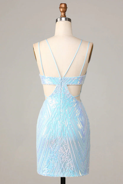Blue Bodycon Cut-Out Sequins Short Homecoming Dress