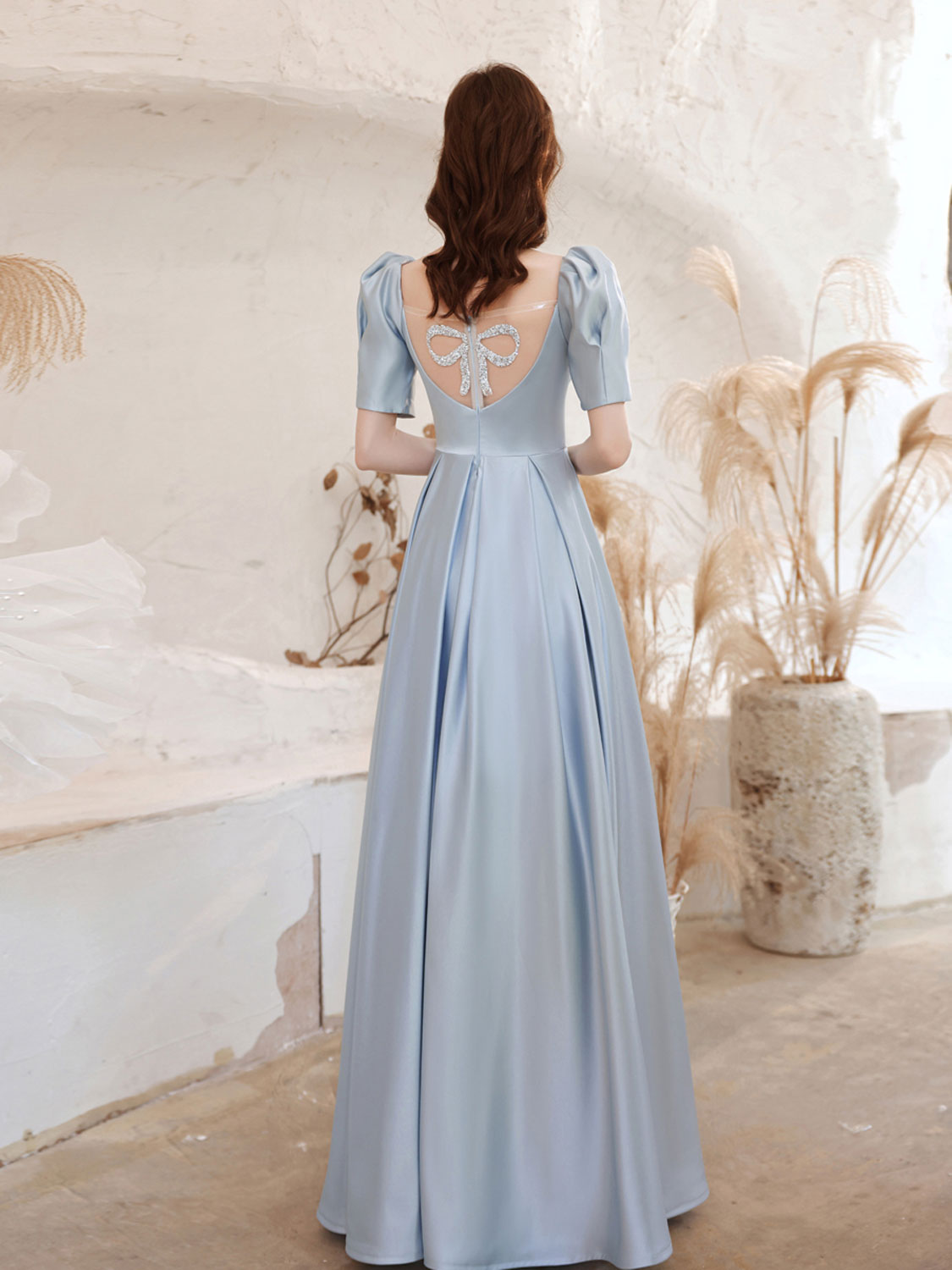 A-Line Square Neckline Satin Blue Long Prom Dress Blue Formal Prom Dress