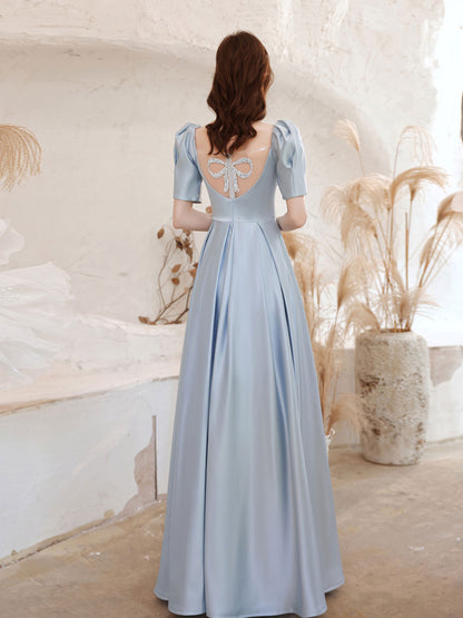 A-Line Square Neckline Satin Blue Long Prom Dress Blue Formal Prom Dress
