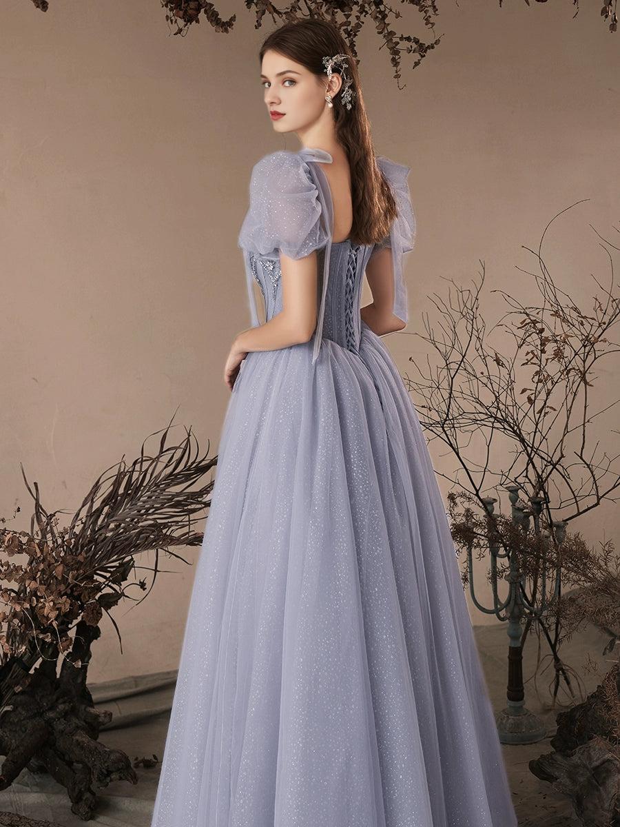 A-Line Sweetheart Neck Tulle Beads Blue Long Prom Dress Blue Long Prom Dress