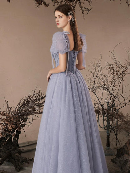 A-Line Sweetheart Neck Tulle Beads Blue Long Prom Dress Blue Long Prom Dress