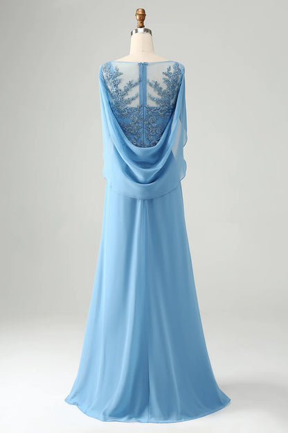 Blue Mermaid Beaded Cap Sleeves Mother of the Bride Dress