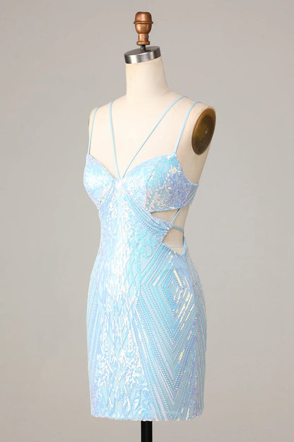 Blue Bodycon Cut-Out Sequins Short Homecoming Dress