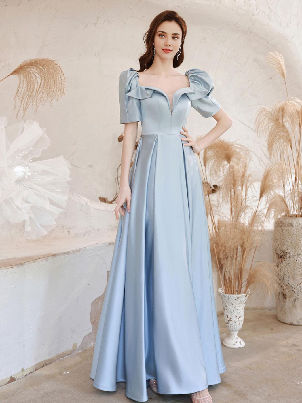 A-Line Square Neckline Satin Blue Long Prom Dress Blue Formal Prom Dress