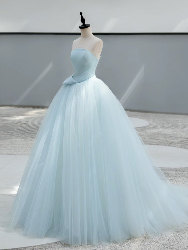 A-Line Satin Tulle Blue Long Prom Dress Blue Long Prom Dress