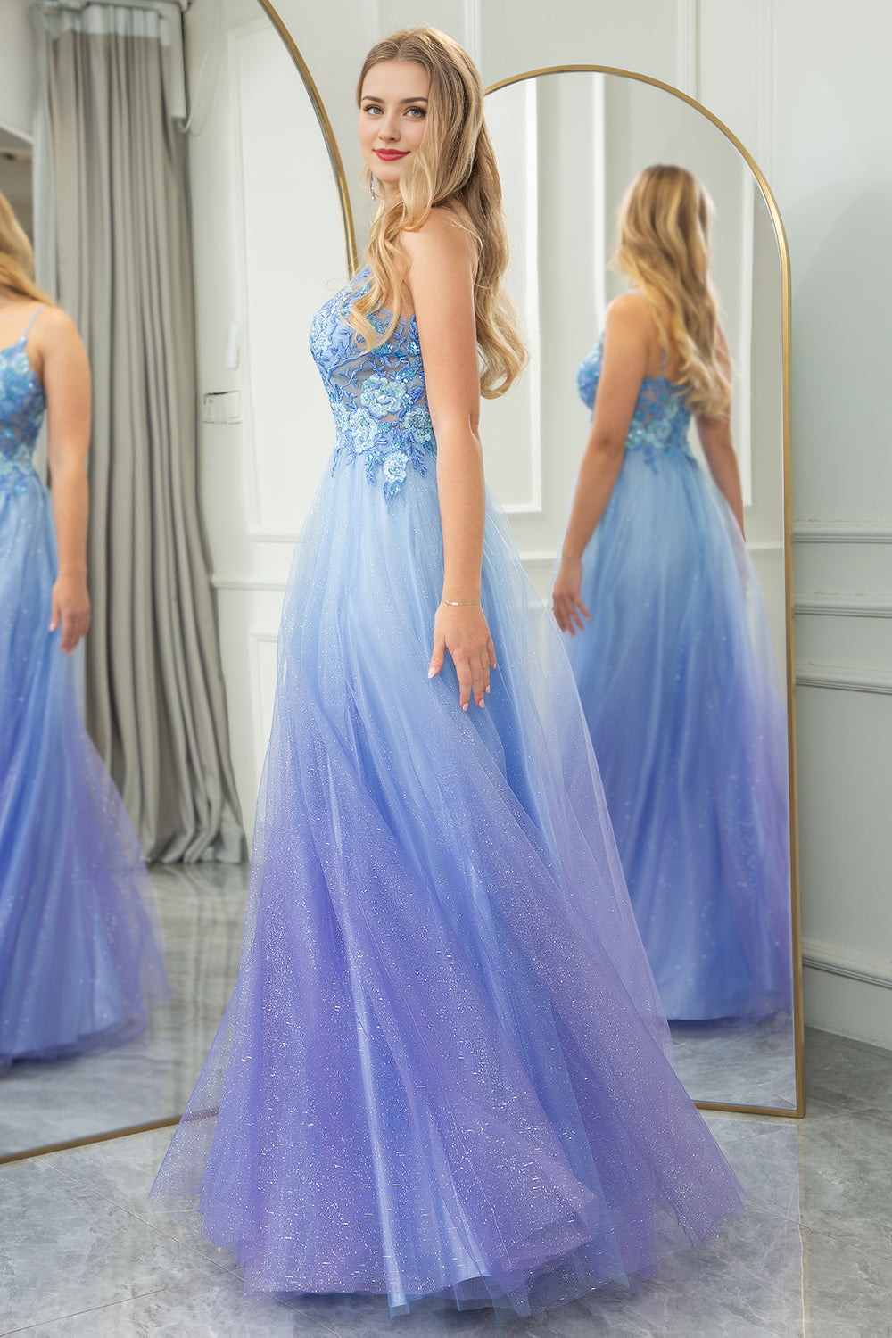 A Line Tulle Spaghetti Straps Long Prom Dress With