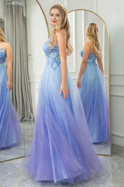 A Line Tulle Spaghetti Straps Long Prom Dress With