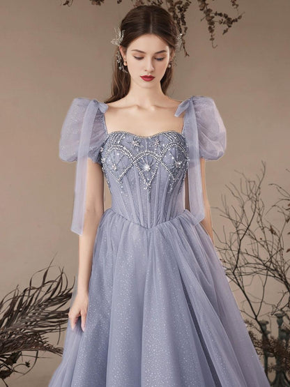 A-Line Sweetheart Neck Tulle Beads Blue Long Prom Dress Blue Long Prom Dress