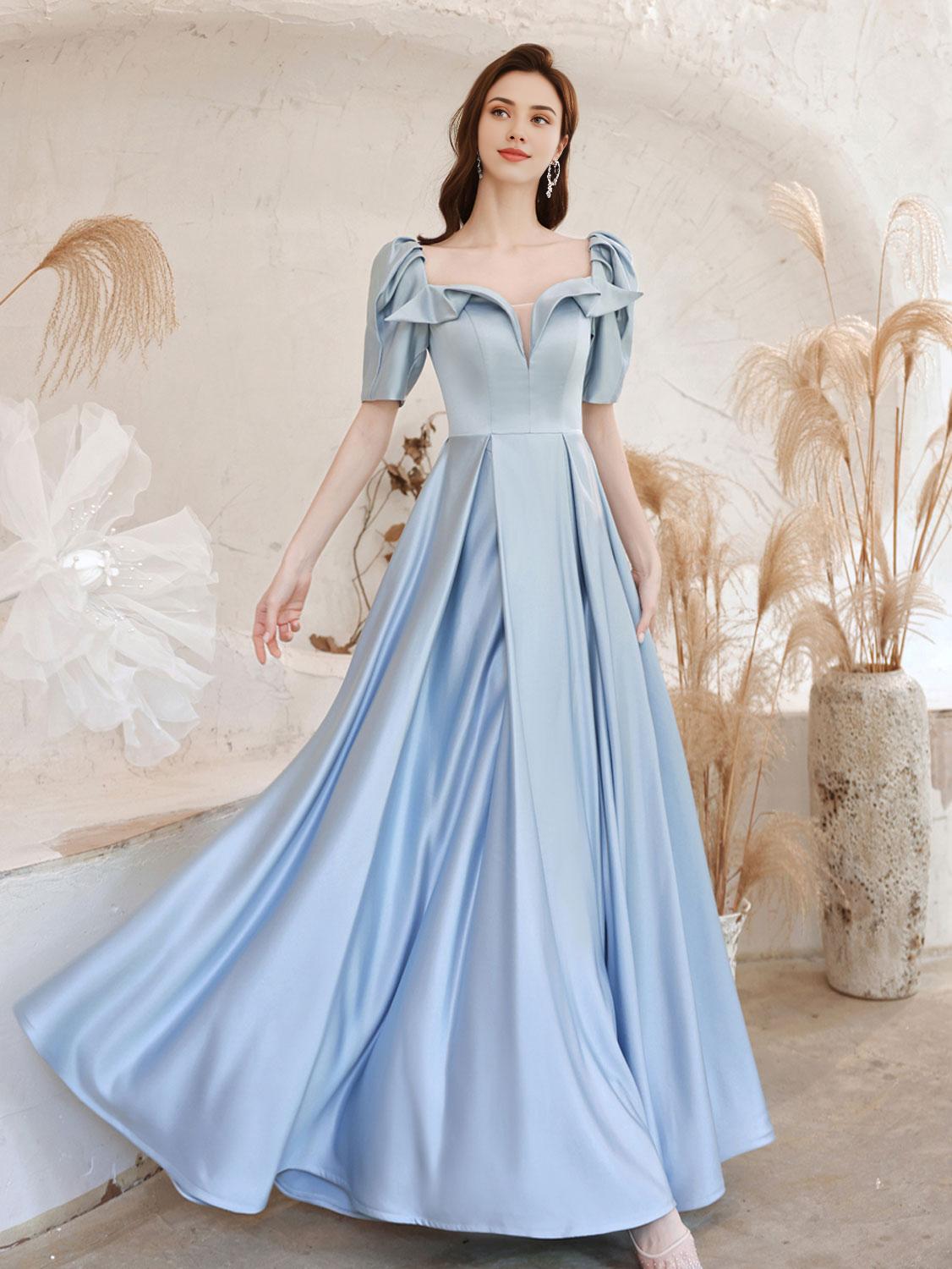 A-Line Square Neckline Satin Blue Long Prom Dress Blue Formal Prom Dress