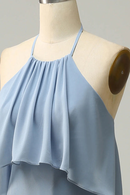 A Line Halter Chiffon Bridesmaid Dress with Ruffles
