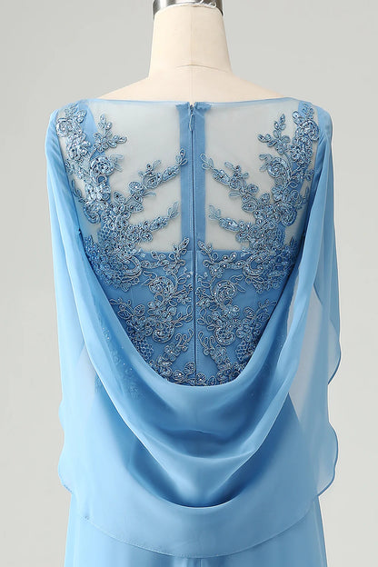 Blue Mermaid Beaded Cap Sleeves Mother of the Bride Dress