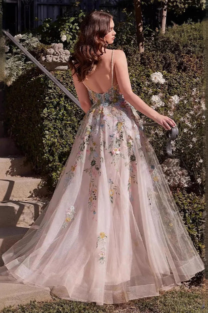 Blush Pink Floral Embroidered Tulle Evening Dress Spaghetti Strap with Front Slit and Floor-Length Skirt