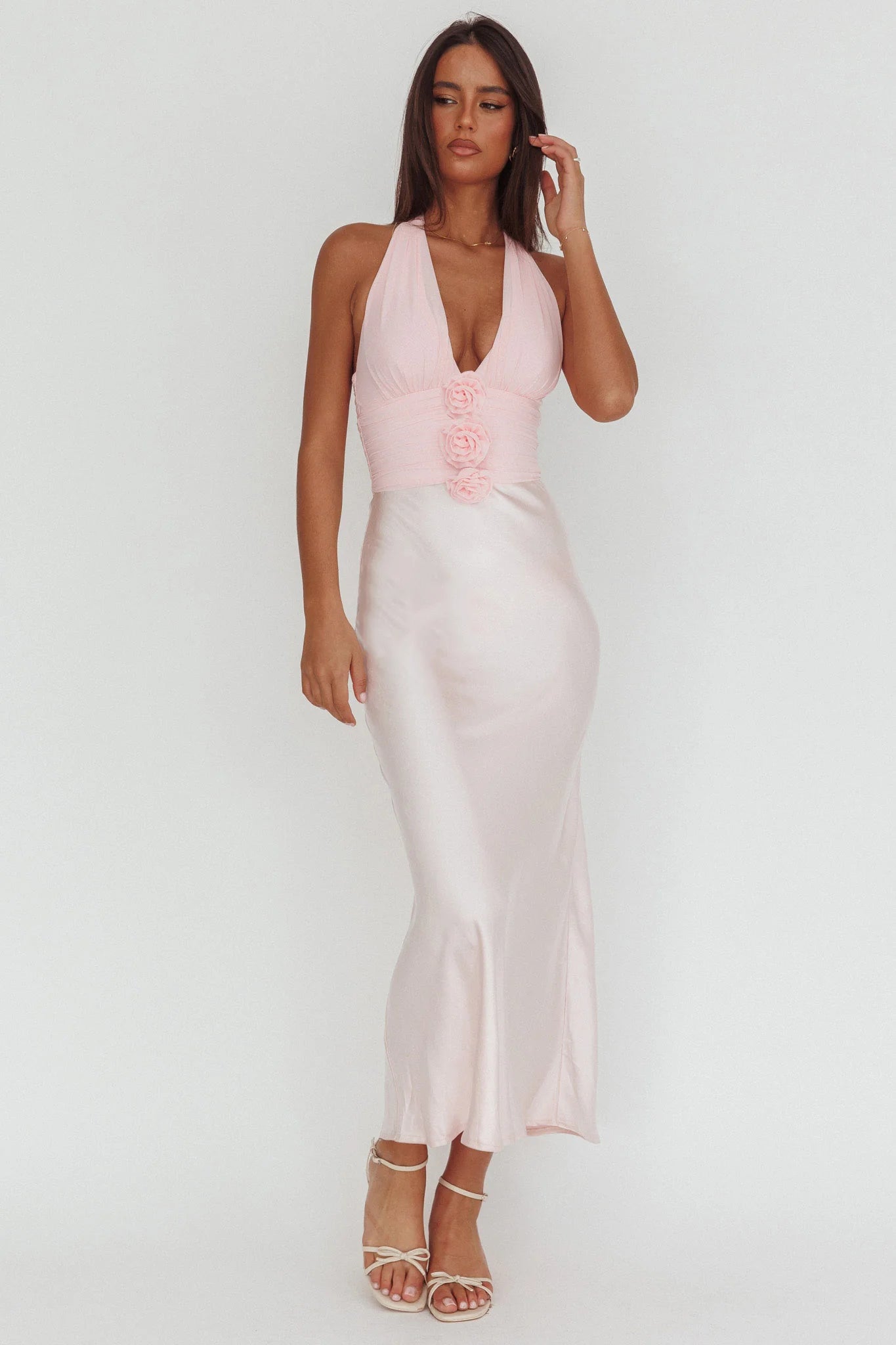 Blush Pink Satin Rosette Halter Maxi Evening Dress