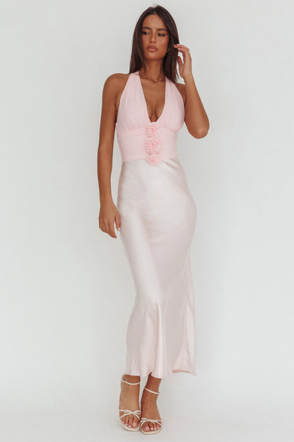 Blush Pink Satin Rosette Halter Maxi Evening Dress