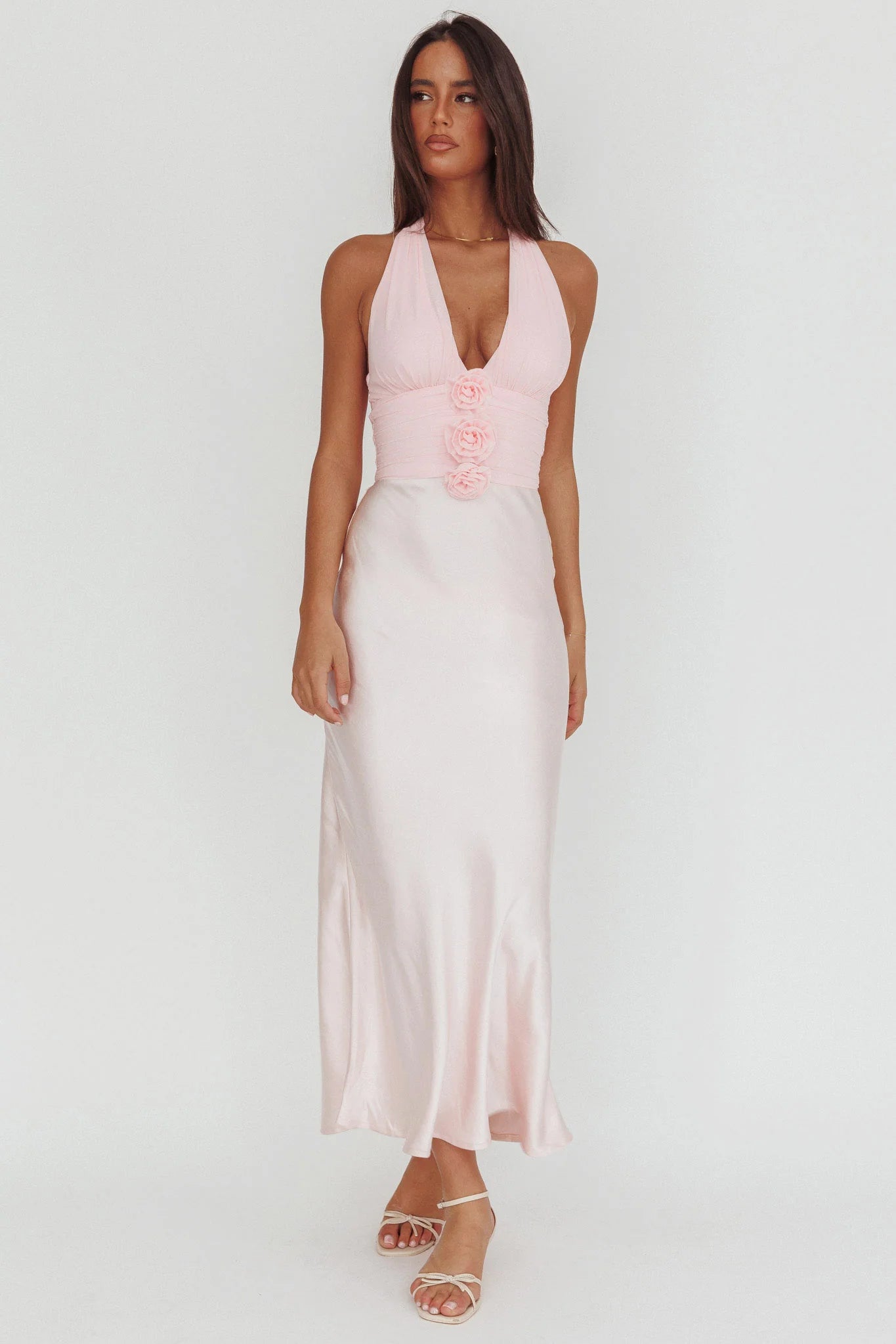 Blush Pink Satin Rosette Halter Maxi Evening Dress