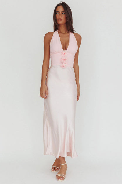 Blush Pink Satin Rosette Halter Maxi Evening Dress