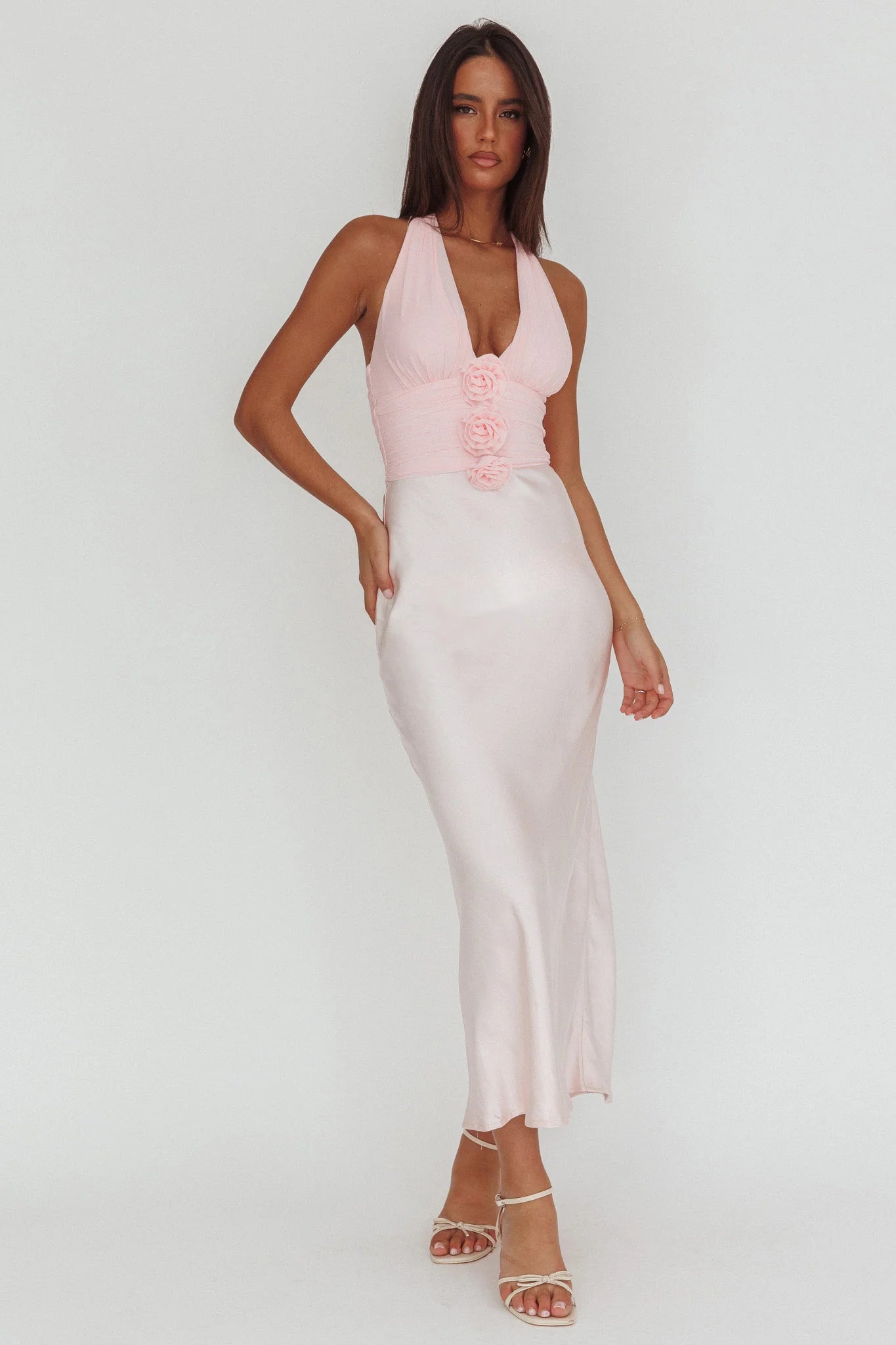 Blush Pink Satin Rosette Halter Maxi Evening Dress
