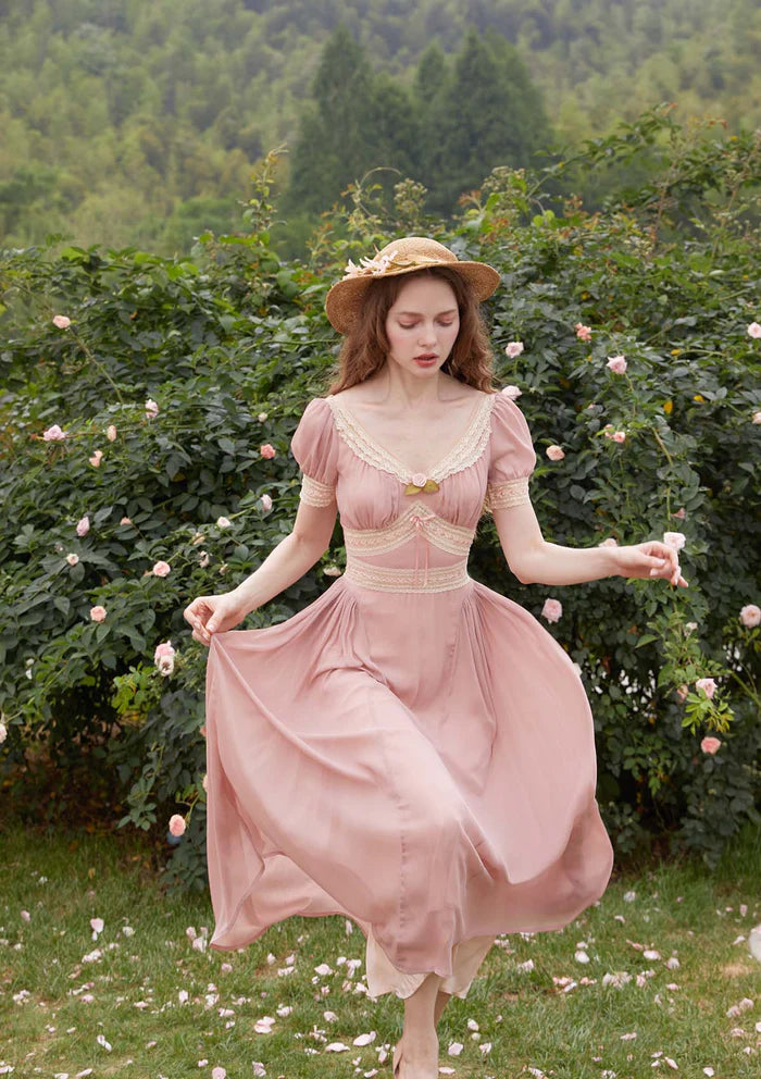 Blush Satin Midi Dresses with V Neck Lace Trim Puff Short Sleeves Lace Waistband and Flared Skirt