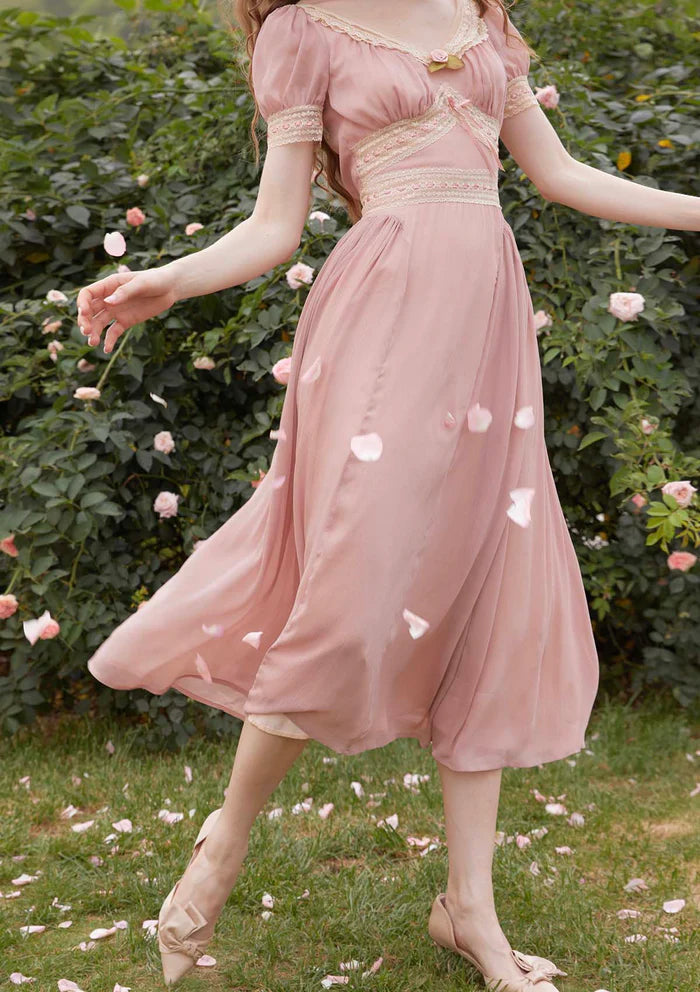 Blush Satin Midi Dresses with V Neck Lace Trim Puff Short Sleeves Lace Waistband and Flared Skirt