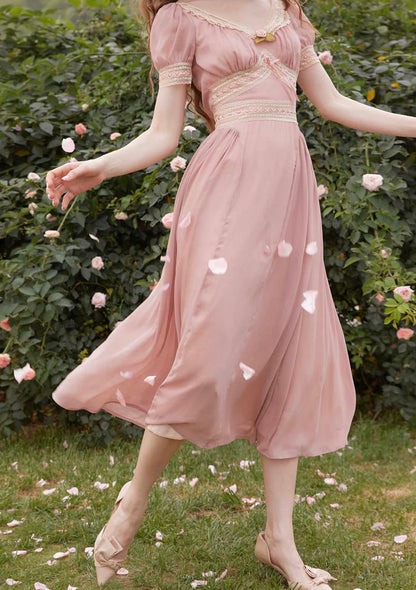Blush Satin Midi Dresses with V Neck Lace Trim Puff Short Sleeves Lace Waistband and Flared Skirt