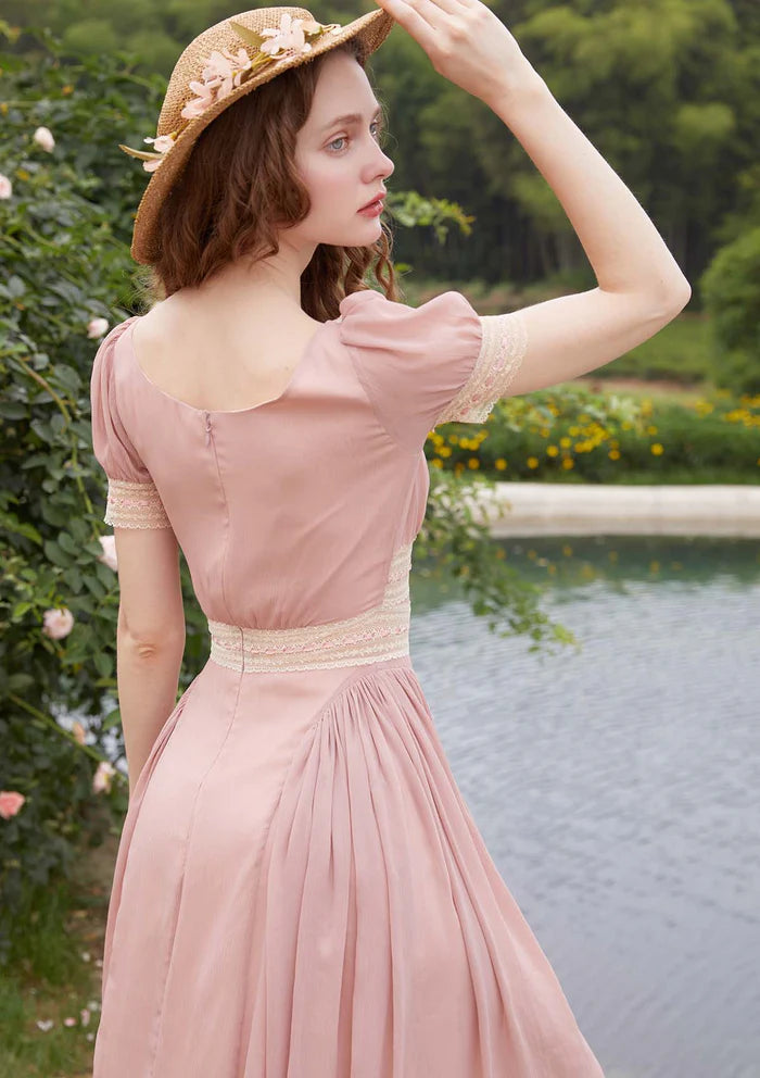 Blush Satin Midi Dresses with V Neck Lace Trim Puff Short Sleeves Lace Waistband and Flared Skirt