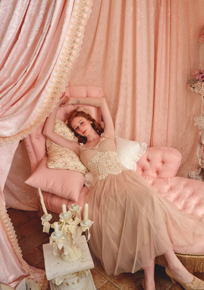 Blush Tulle Maxi Dresses with Lace Corset Bodice 3D Floral Accents Adjustable Straps and Flared Skirt