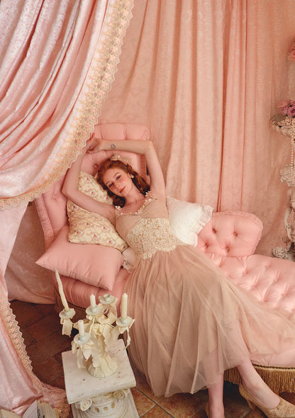 Blush Tulle Maxi Dresses with Lace Corset Bodice 3D Floral Accents Adjustable Straps and Flared Skirt