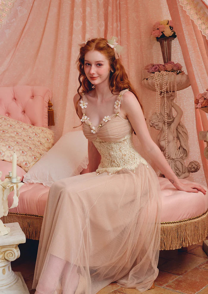 Blush Tulle Maxi Dresses with Lace Corset Bodice 3D Floral Accents Adjustable Straps and Flared Skirt