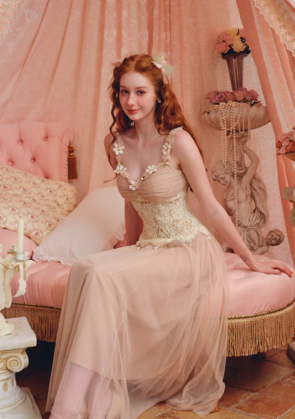 Blush Tulle Maxi Dresses with Lace Corset Bodice 3D Floral Accents Adjustable Straps and Flared Skirt