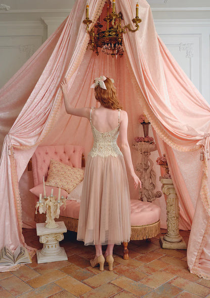 Blush Tulle Maxi Dresses with Lace Corset Bodice 3D Floral Accents Adjustable Straps and Flared Skirt