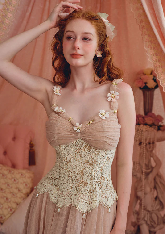 Blush Tulle Maxi Dresses with Lace Corset Bodice 3D Floral Accents Adjustable Straps and Flared Skirt