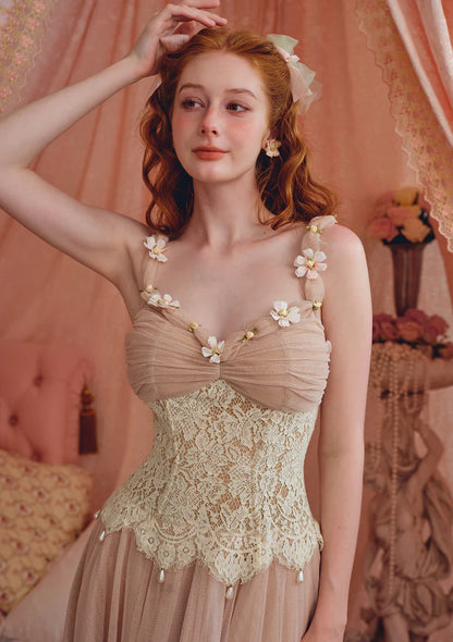 Blush Tulle Maxi Dresses with Lace Corset Bodice 3D Floral Accents Adjustable Straps and Flared Skirt