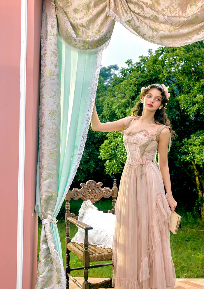 Blush Tulle Maxi Dresses with Lace Corset Bodice 3D Floral Accents Flowing Ribbon Straps and Ruffled Hem