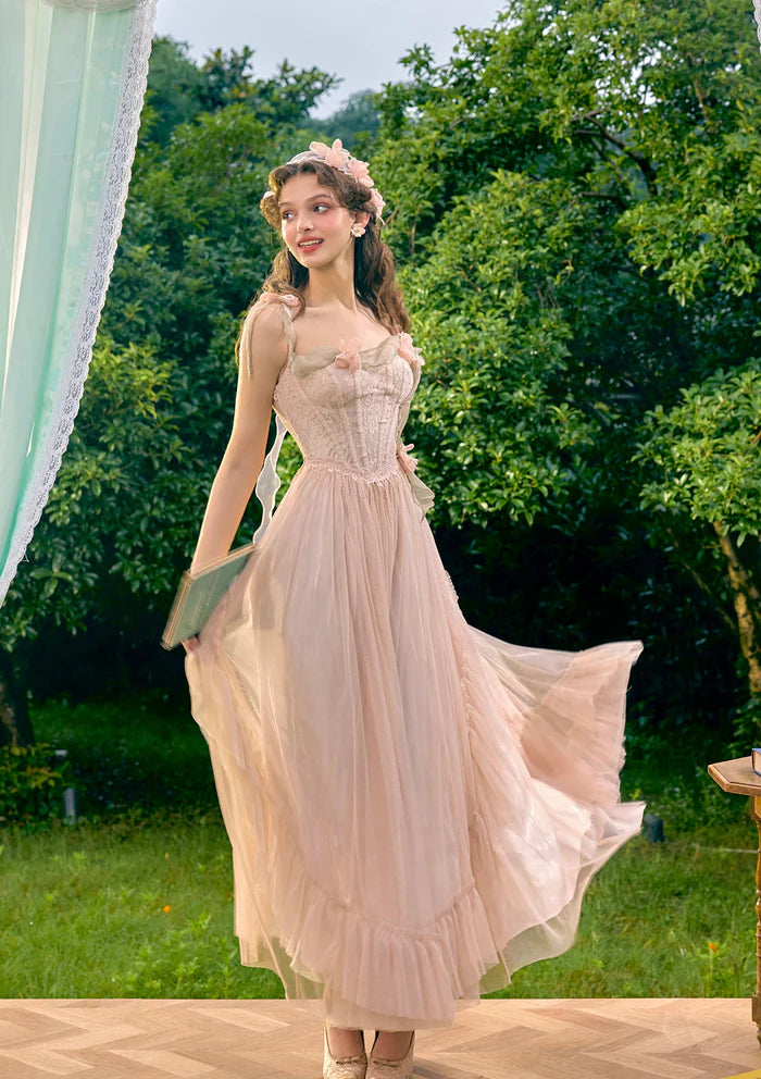 Blush Tulle Maxi Dresses with Lace Corset Bodice 3D Floral Accents Flowing Ribbon Straps and Ruffled Hem