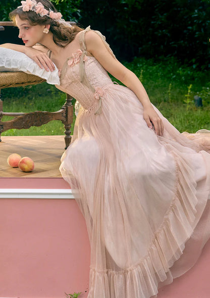 Blush Tulle Maxi Dresses with Lace Corset Bodice 3D Floral Accents Flowing Ribbon Straps and Ruffled Hem