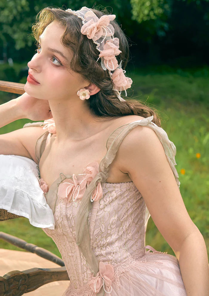 Blush Tulle Maxi Dresses with Lace Corset Bodice 3D Floral Accents Flowing Ribbon Straps and Ruffled Hem
